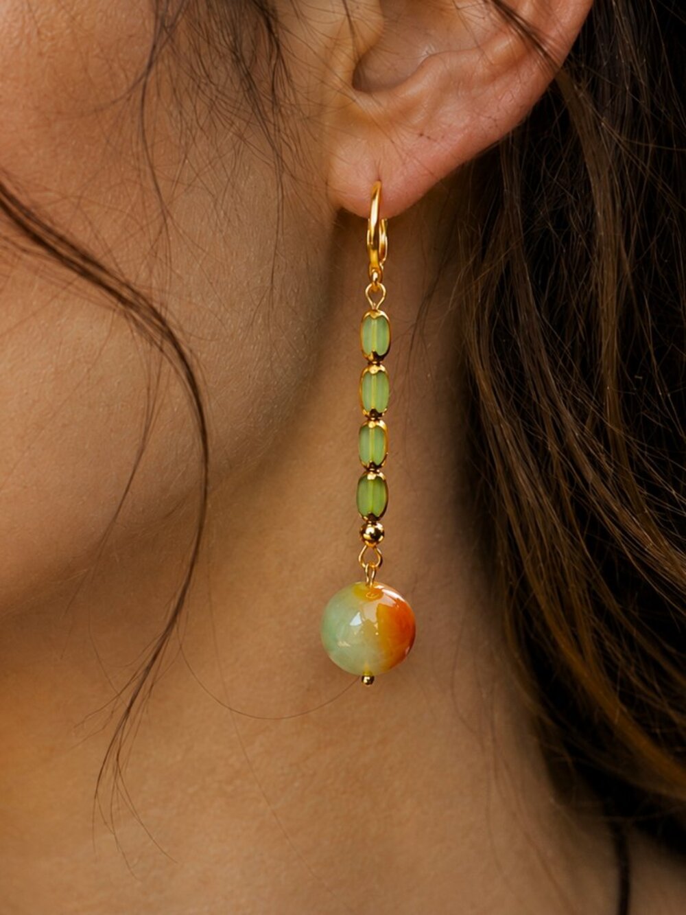 Long Autumn Drop Earrings – Peacock Agate & Golden Green Porcelain Beaded